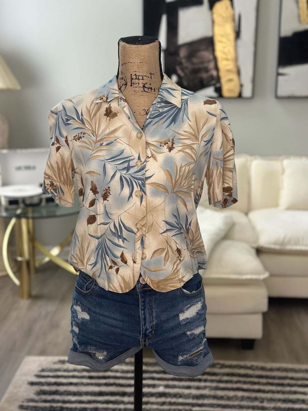 Vintage Alfred Dunner Tropical Leaf Print Short Sleeve Button Down Blouse